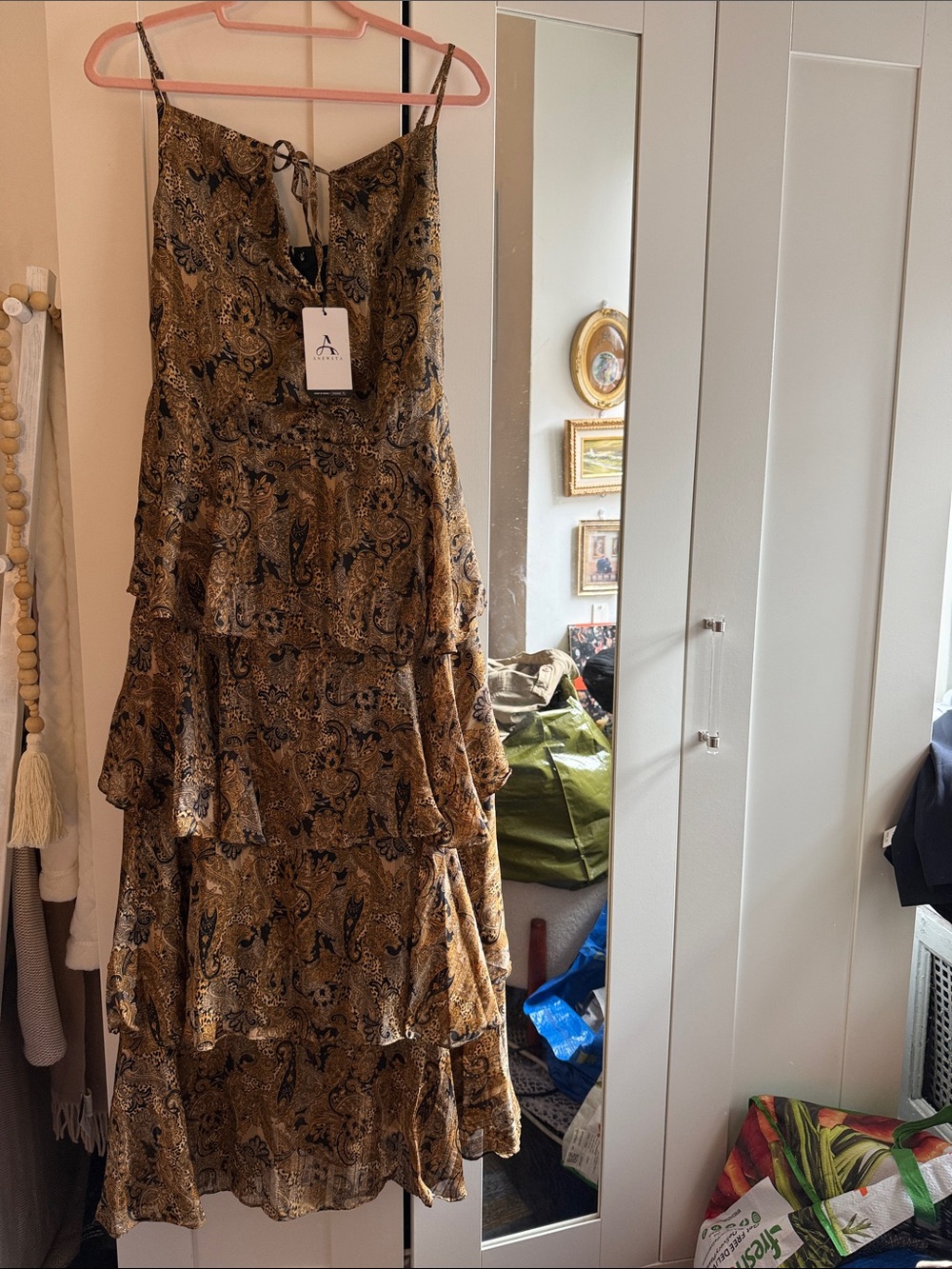 Anwesta Tiered Paisley Spaghetti-Strap Dress in Mustard
